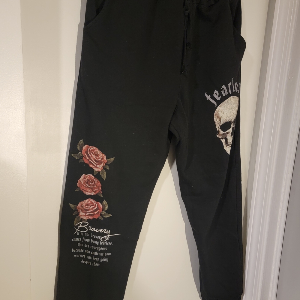 Fashion Nova Black Sweatpants with Skull and Rose Design